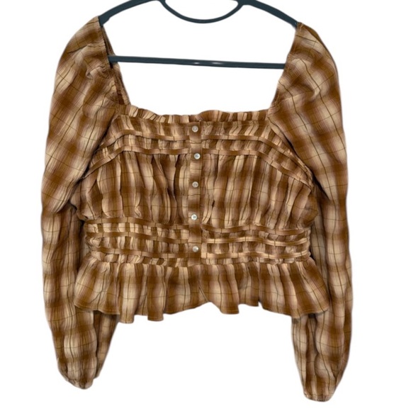 Bohme Brown Beige Plaid Smocked Blouse Size Large - Picture 6 of 13